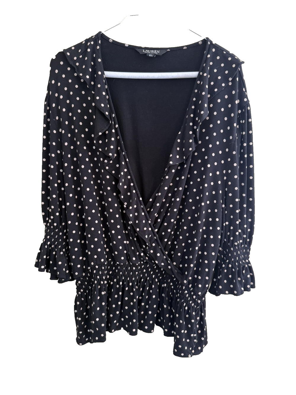 Lauren Ralph Lauren Black w/ Tan Polka Dot Ruffle Peplum Blouse XXL Cottage